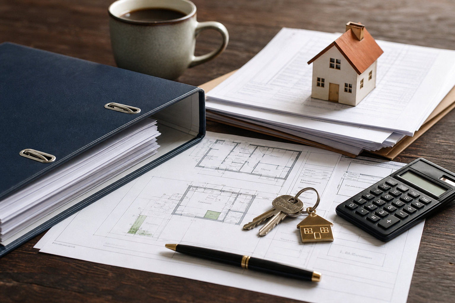 Immobilienunterlagen, Grundriss, Schlüssel und Taschenrechner auf einem Tisch